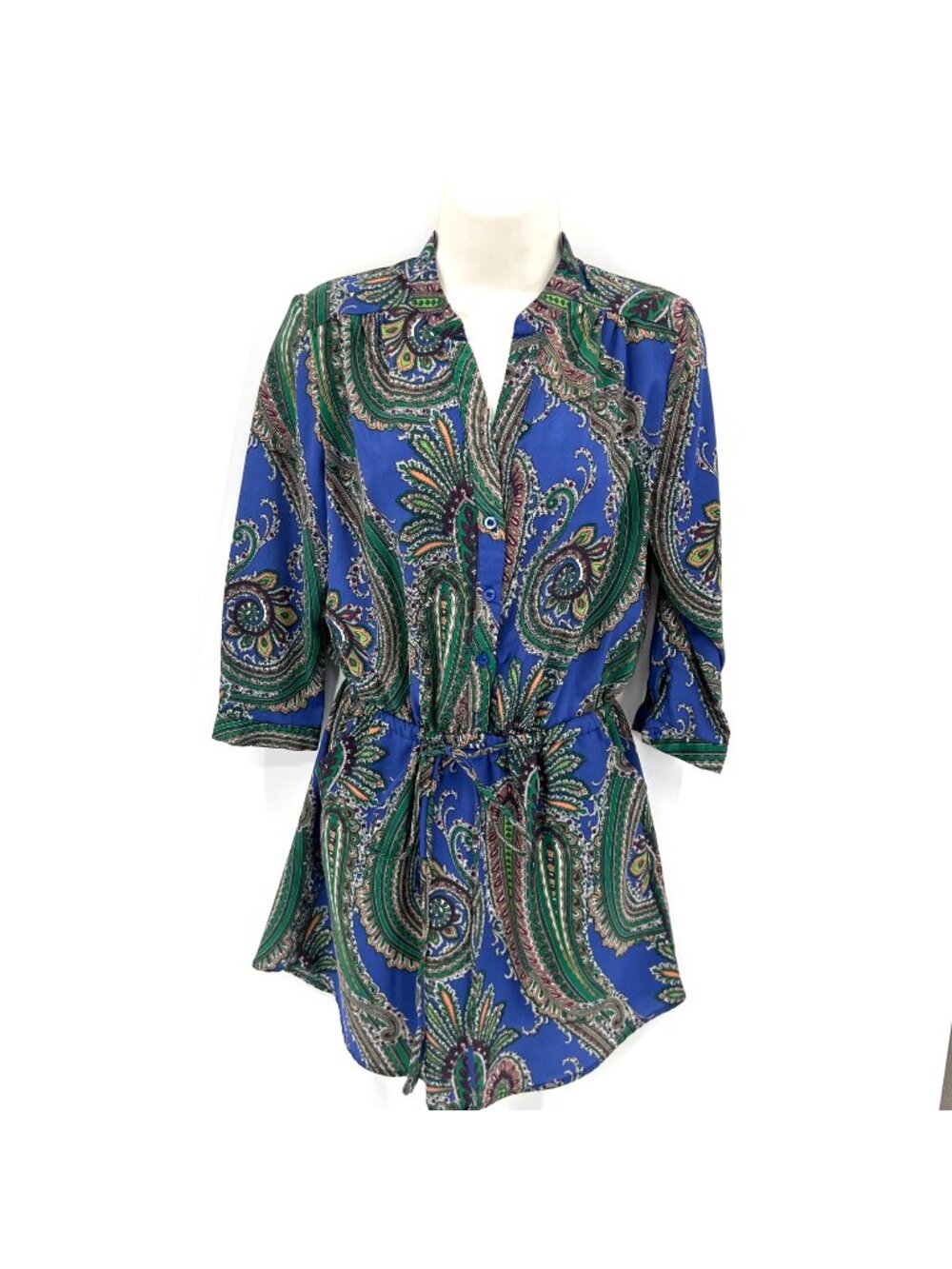 ELLISON BLUE GREEN PAISLEY PRINT DRAWSTRING WAIST DRESS W/ POCKETS - S